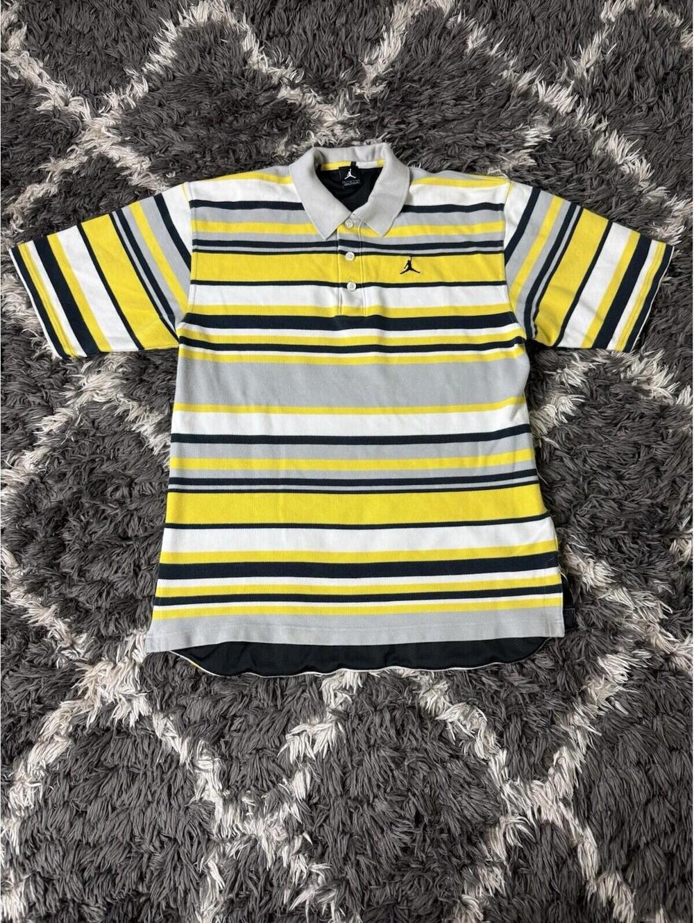 Air Jordan Mens Polo Shirt Large L Striped Yellow Grey Golf Short Sleeve Knit